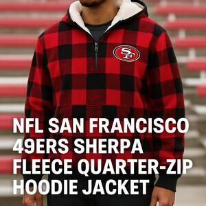 NFL San Francisco 49ers Sherpa Fleece Quarter-Zip Hoodie Plaid Red/Black size XL